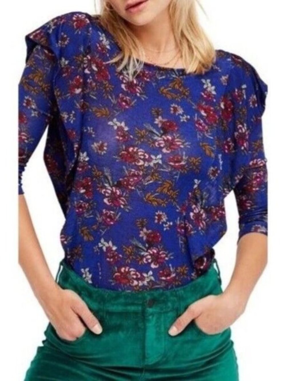 Free People Dock Street Blue Floral Ruffle Blouse Medium Boho 3/4 Sleeve